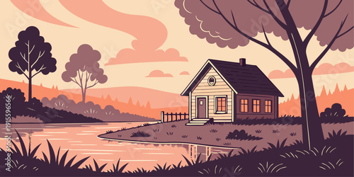 Romantic Cottage by the Pond at Sunset Vector Illustration
