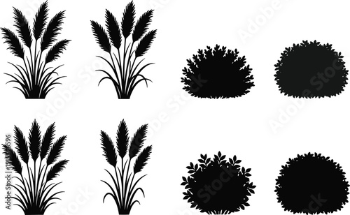 Black grass and shrub silhouettes set, flat vector illustration, ornamental plants collection, garden foliage shapes, isolated botanical clipart bundle