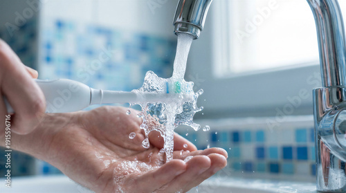 Person rinsing an electric toothbrush under running water in a bathroom sink