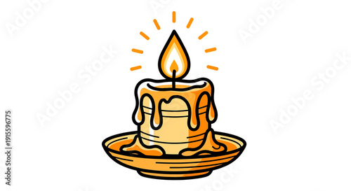 Illustration of a lit candle with melting wax on a plate