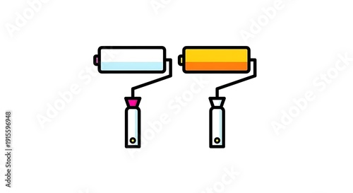 Two paint rollers one blue and one yellow displayed on a white background