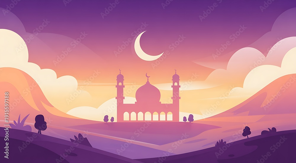 Fototapeta premium Serene mosque at sunset with crescent moon