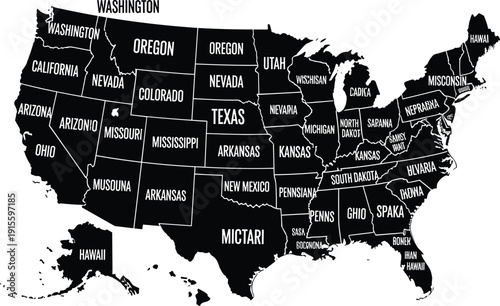 Black and white minimalist USA map with fictional state names, creative United States silhouette illustration for humorous or conceptual graphic design