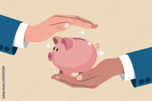 Business hands protecting a pink piggy bank symbolizing financial security and wealth management.