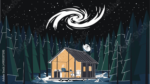 Remote Work Cabin in Winter Forest with Satellite Connectivity and Galaxy Night Sky