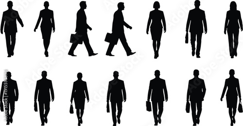 Five business professionals in formal attire silhouettes