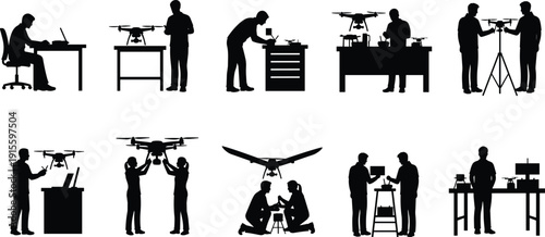 Drone operator silhouettes with unmanned aerial vehicle technology, remote pilot engineering and assembly icons, modern drone flight and maintenance vector  operator silhouettes with system 