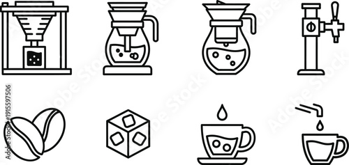 Set of coffee brewing icons including french press and grinder