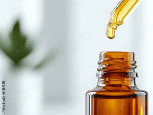 Luxury glass serum bottle with golden dropper releasing a drop of oil against a clean minimal background