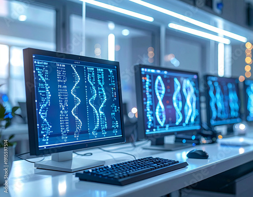 A computer monitor displays a DNA sequence. There are three monitors on the desk. A keyboard and mouse are also on the desk