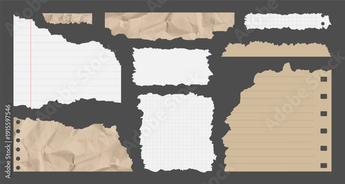 Ripped Paper Pieces. Realistic Crumpled Paper Scraps with Torn Edges. Ripped Notebook Paper Strips. Shreds Notebook or Newspaper Pages. White or Brown Scraps of Notepaper. Vector illustration.