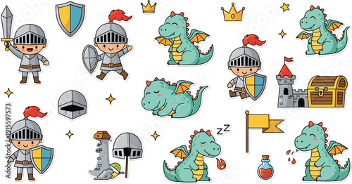 Cute knight and dragon sticker set with castle, sword, shields, treasure, crowns