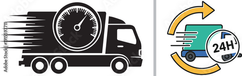 Two vector shipping icons: a high-speed black truck silhouette featuring a large integrated speedometer, alongside a teal and blue van enclosed in a yellow circular 24H arrow.
