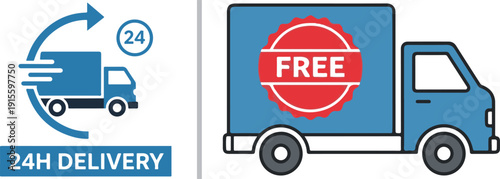 A high-energy logistics vector showcasing a blue semi-truck with fiery speed trails labeled "24H SERVICE" and a black truck profile with a yellow lightning shield and "FAST" typography.