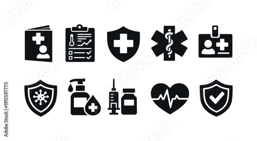 Healthcare and medical solid icon set: health, hospital, safety, medicine icons