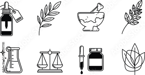Set of herbal medicine and essential oil icons