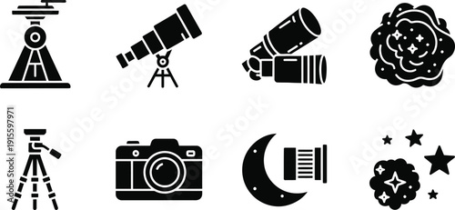 Set of astronomy and telescope icons showing stars and moon