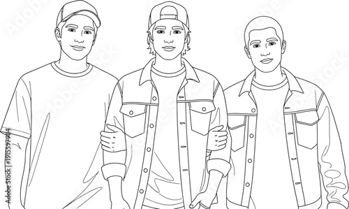 Sketch of three men standing together isolated on transparent background