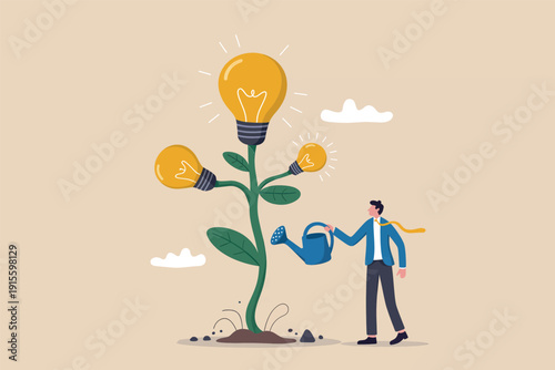 Businessman watering a plant with light bulbs growing as fruit representing innovative ideas and growth