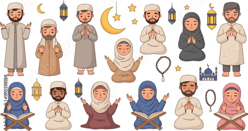 Muslim men and women praying Ramadan set with lantern, crescent moon, Quran, tasbih