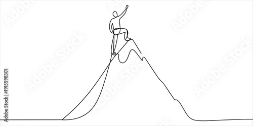 Mountaineer Reaching Summit Peak Victory Hand Up Minimalist Line Art