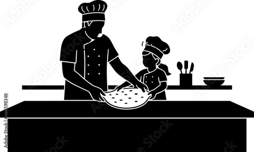  Father's Day Professional Chef Teaching Child Cooking Skills: Father and Daughter Making Dough or Pizza Together in a Kitchen - Black Glyph Silhouette Vector Illustration