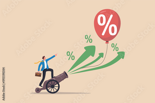 Professional man using a cannon to shoot arrows at a rising interest rate balloon concept.
