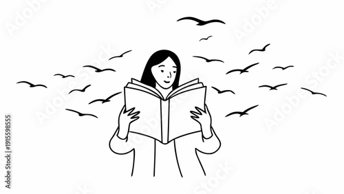 Ilustração de mulher lendo livro, onde as páginas viram pássaros em linha fluida.
