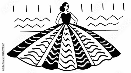 An elegant female figure whose dress is formed by sophisticated, undulating lines.