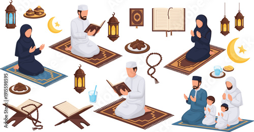 Muslim family praying Ramadan set with Quran, lantern, prayer mats, tasbih, dates