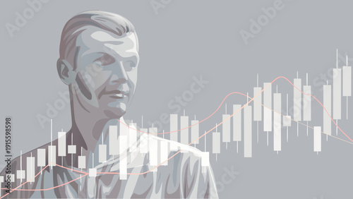 A minimalist masculine silhouette whose outline subtly transforms into a financial growth graph.