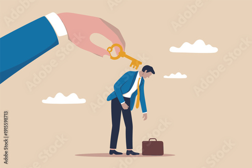 Giant hand winding up a small tired businessman with a gold key representing corporate control.