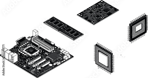 Exploded computer hardware illustration, motherboard assembly, RAM module, SSD storage, CPU processor, heatsink cooling component, educational vector drawing