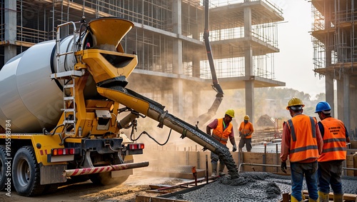 Pouring fresh concrete at a construction site, concrete pump, workers in personal protective equipment,