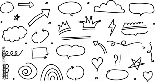 A collection of hand drawn speech bubbles icons and symbols