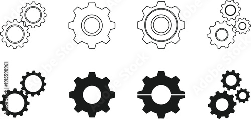 A set of gear icons in various styles and configurations