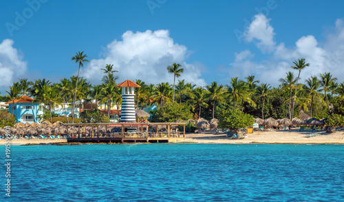Panoramic view of Dominicus public beach with its iconic lighthouse,  La Romana, Dominican Republic