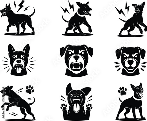 Dog silhouette illustration, barking aggressive dogs, growling faces, running dog paw prints, playful raised paws vector, black and white drawing