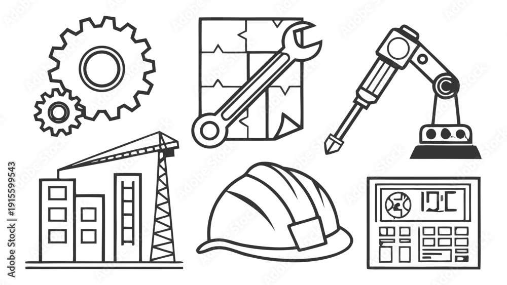 Fototapeta premium Industrial and mechanical icons represent machinery, including gears, a robotic arm, construction elements, and a control panel.