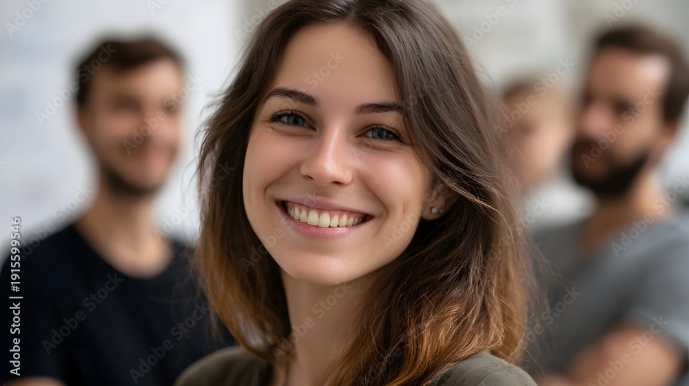 Obraz premium A young woman with a bright smile looking at the with blurred colleagues in the background