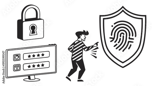 Security icons show a large padlock, computer screen password entry, a person accessing a system, and biometric fingerprint.