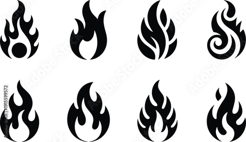 Flame icon illustration, fire symbol vector, burning silhouette design, energy heat passion graphic, black and white drawing set