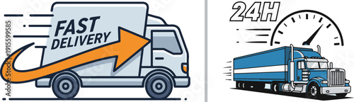 Logistics vector featuring a light gray truck with an orange "FAST DELIVERY" arrow and a blue semi-truck accompanied by a "24H" stopwatch, illustrating rapid, round-the-clock shipping services.