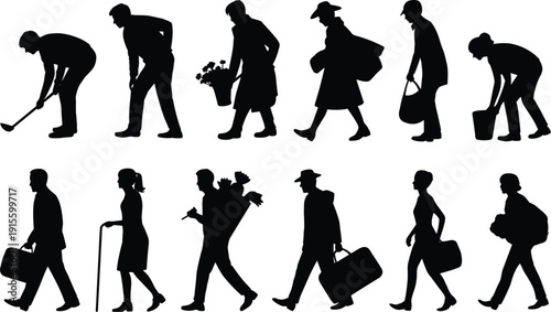 Human life silhouette, childhood to old age, progression vector art, family roles illustration, generational design, growth, aging, responsibility, journey, timeline