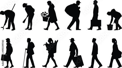 Human silhouette icon, diverse poses, walking figure design, carrying bag illustration, tool worker symbol, anchor highlight, bold black art