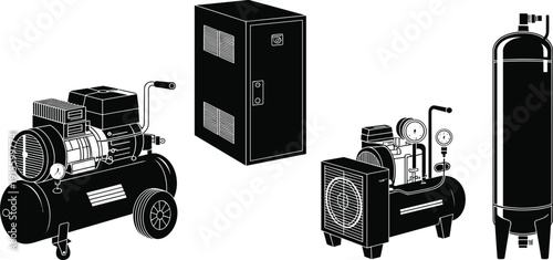 Industrial air compressor equipment illustration, portable tank, stationary unit, vertical air receiver, workshop machinery vector, black and white drawing