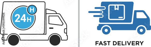 Two vector graphics representing shipping: a black-and-white delivery truck icon with a circular "24H" badge, and a solid blue truck silhouette with speed lines and a "FAST DELIVERY" caption.