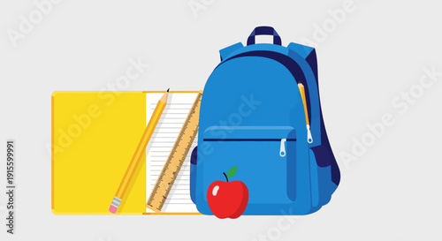 Blue Backpack with Apple and Stationery.