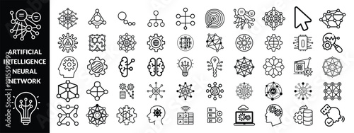 Artificial intelligence icon set featuring AI brain, robot, neural network, machine learning, automation, data processing, technology symbols for apps, dashboards, infographics, websites