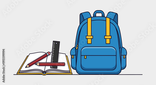 Blue Backpack with Books and Stationery.